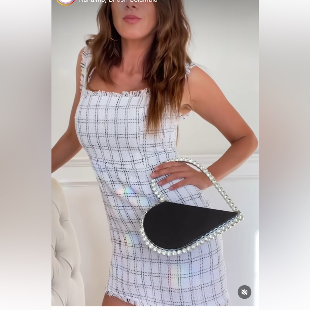 White Plaid Square-Neck Tweed Mini Dress